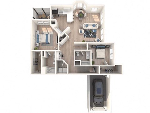 A top-down view of a house layout with a kitchen, living room, and bedrooms.